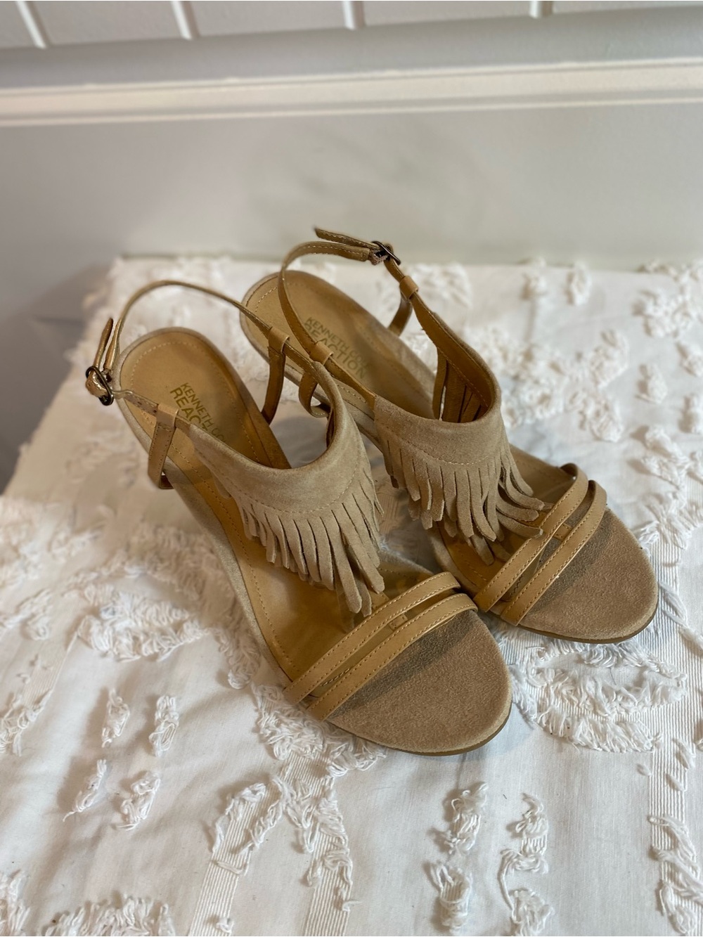 Kenneth Cole Reaction Tan Fringe Suede Open-Toe Heels - Picture 2 of 11